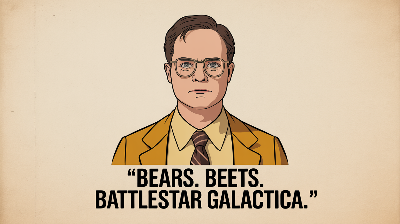 A minimalist poster of Dwight Schrute from The Office, featuring a vector illustration of him and the quote 'Bears. Beets. Battlestar Galactica.' on a white background.