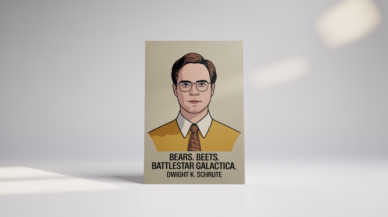 A mockup of a minimalist poster of Dwight Schrute from The Office, set against a white background. The poster features a stylized illustration of Dwight and the quote 'Bears. Beets. Battlestar Galactica.'