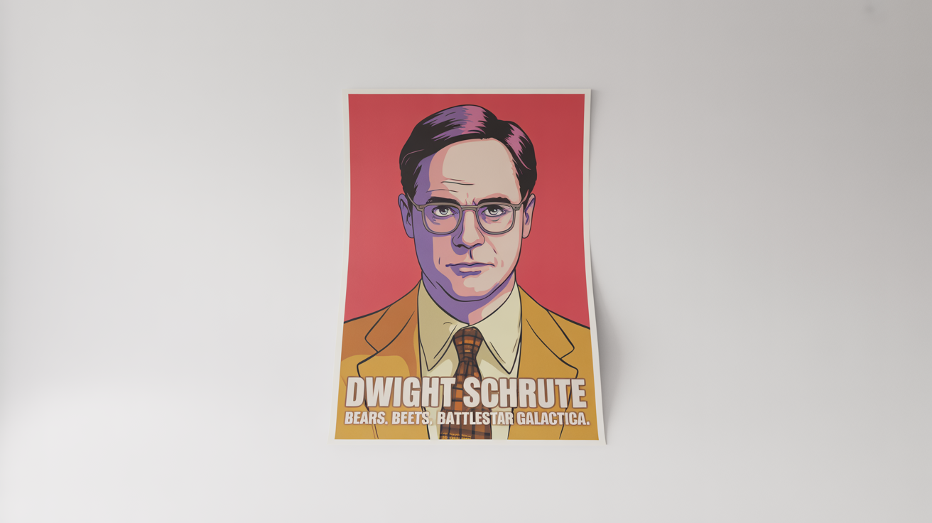A pop art style poster of Dwight Schrute from The Office, featuring his portrait and the quote 'Bears. Beets. Battlestar Galactica.' on a beet-red background, displayed as a product mockup on a white surface.