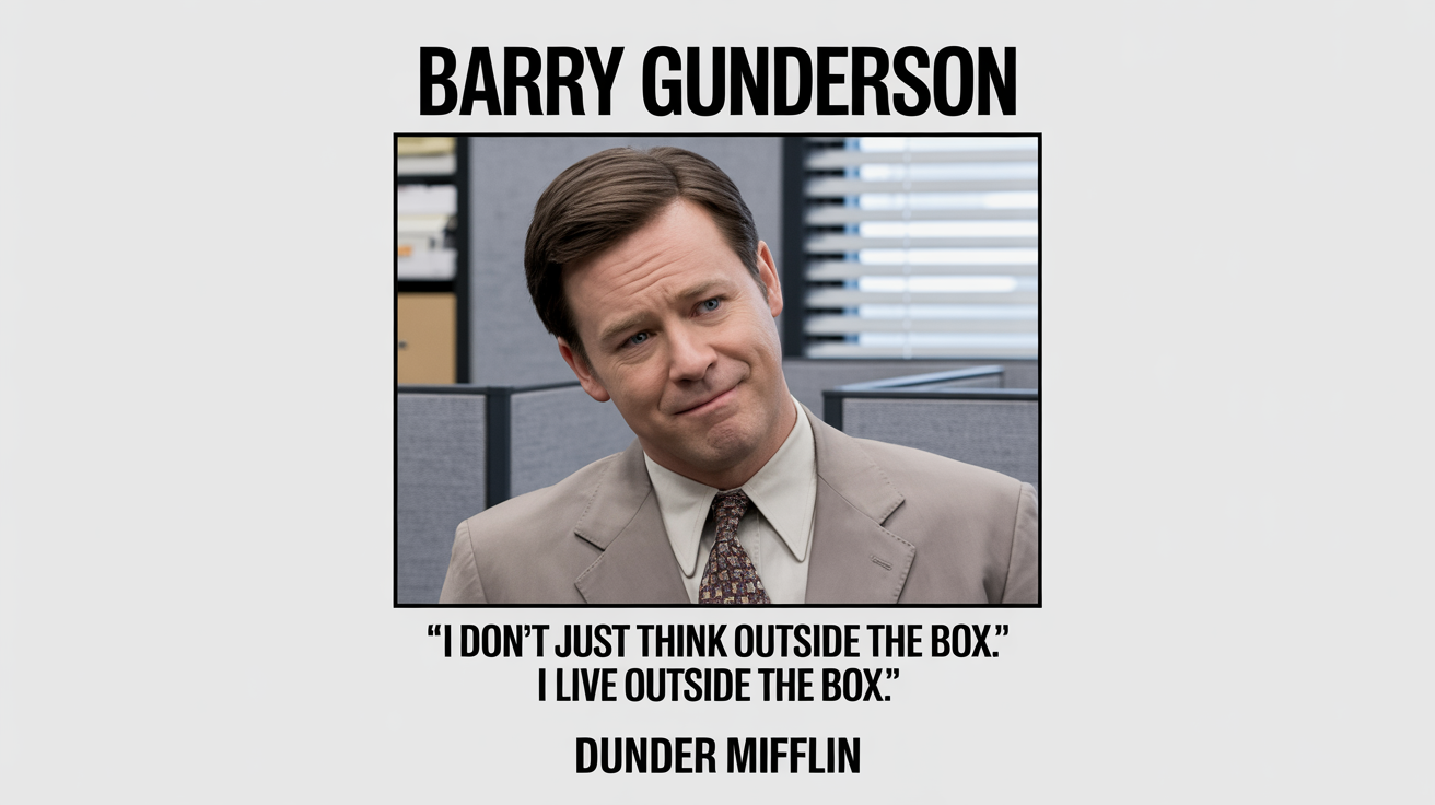 A mockup of a character poster parodying 'The Office', featuring a smug man in a suit named 'BARRY GUNDERSON' with the quote 'I don't just think outside the box. I live outside the box.' The Dunder Mifflin logo is at the bottom.