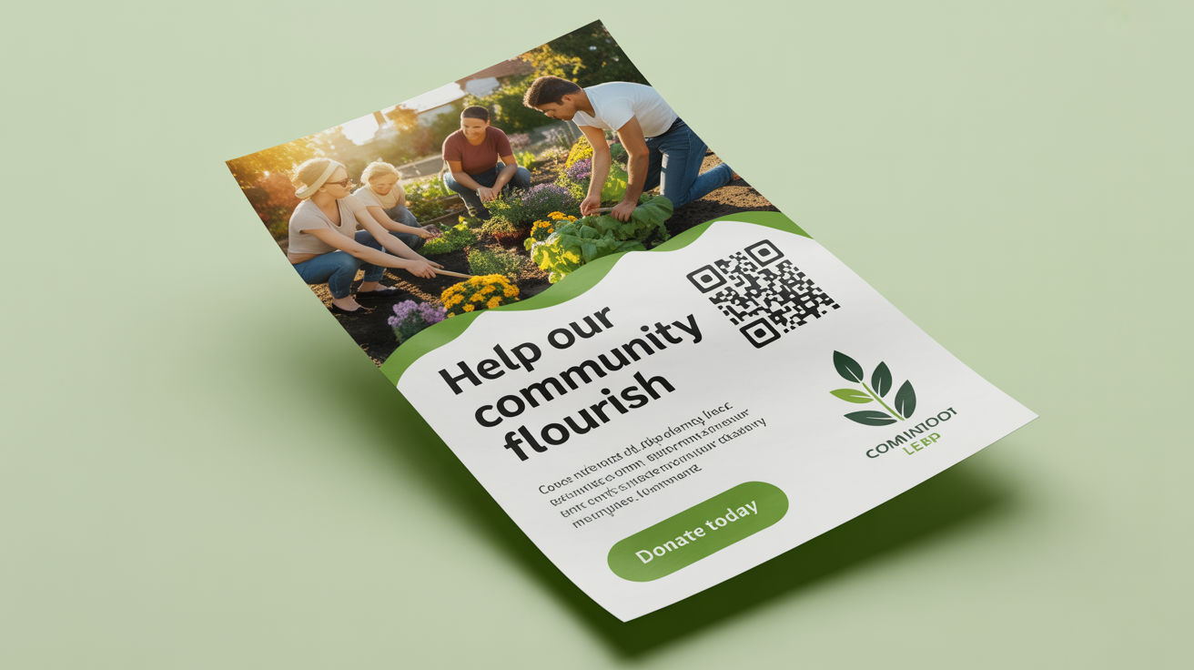 A professionally designed donation flyer for a community garden, displayed on a clean white background. The flyer has the headline 'Help Our Community Flourish' and features a photo of diverse people gardening, with a 'Donate Today' button and a QR code.