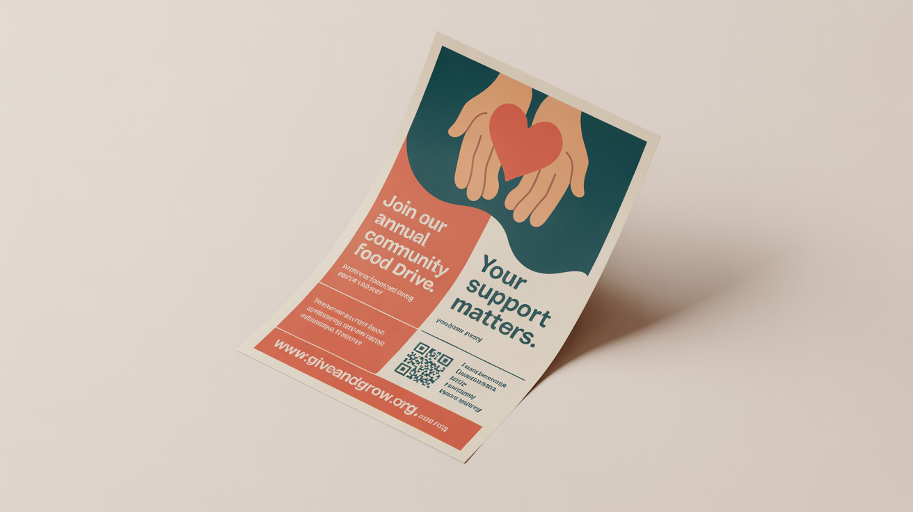 A professionally designed donation flyer mockup on a white background, titled 'Lend a Helping Hand'. It features a stylized graphic of hands holding a heart and provides fictional details for a community food drive.