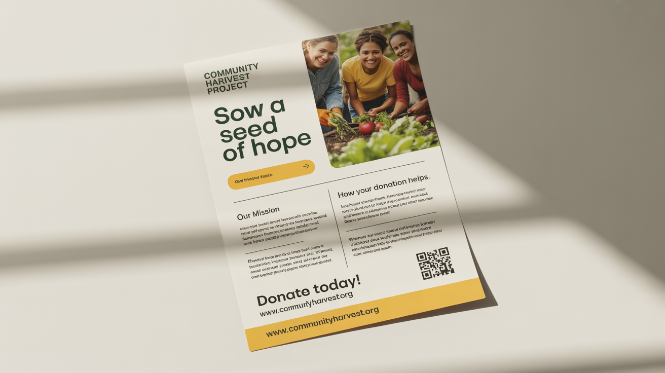 A professionally designed donation flyer mockup for the 'Community Harvest Project'. The flyer has a headline 'Sow a Seed of Hope' and features a picture of people in a community garden, all set against a clean white background.