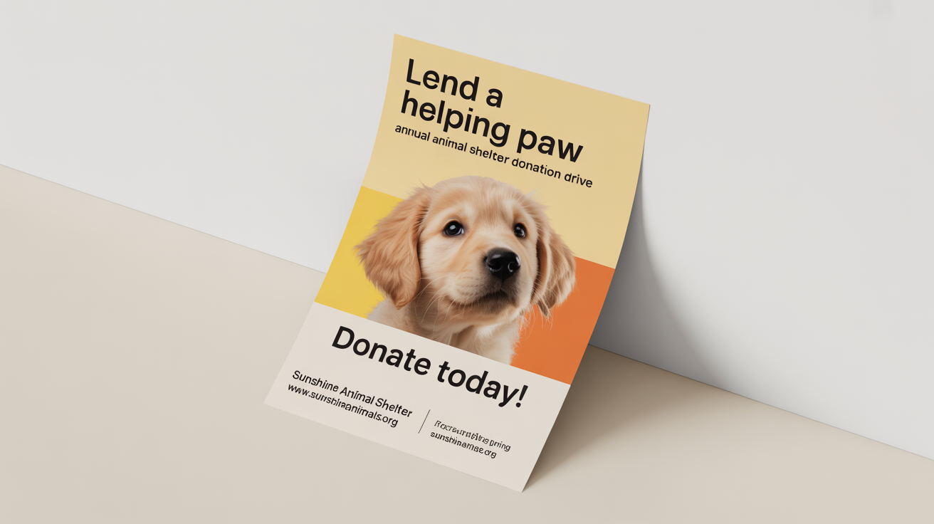 A professional mockup of a donation flyer for the 'Sunshine Animal Shelter'. The flyer features a photo of a cute golden retriever puppy and the headline 'Lend a Helping Paw' to encourage donations.