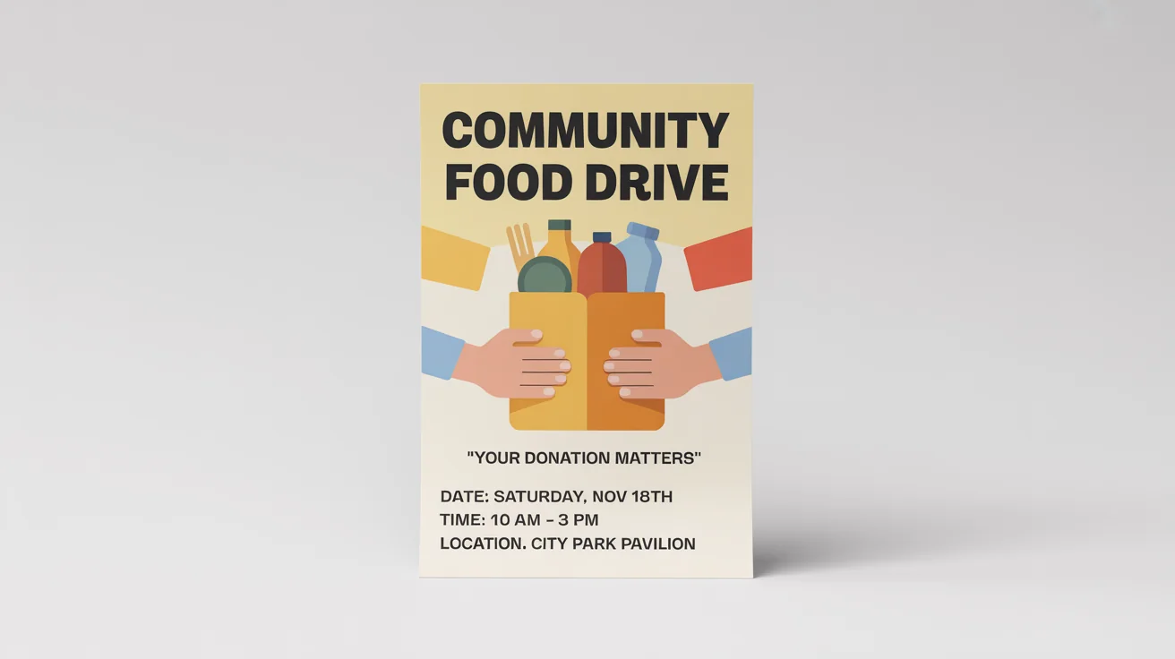 A mockup of a modern, clean donation flyer for a community food drive, featuring illustrations and event details on a white background.