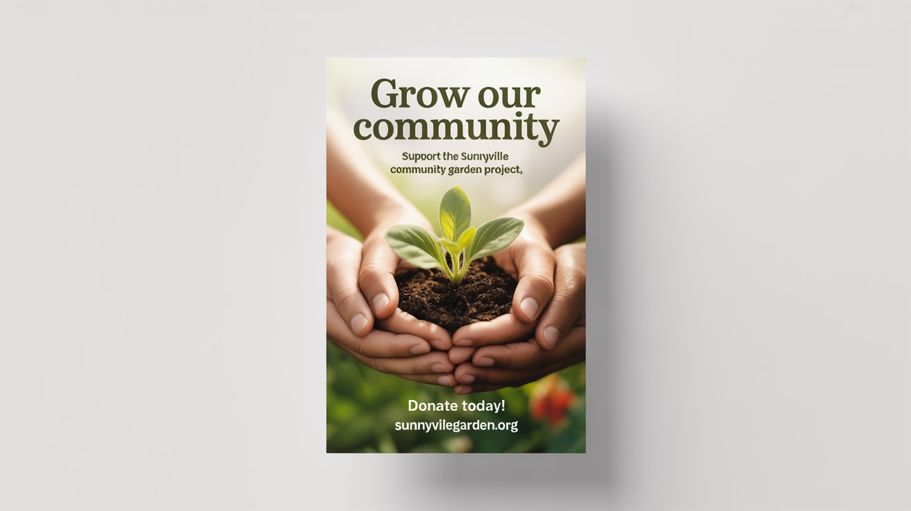 A professional mockup of a donation flyer for a community garden. It features the headline 'GROW OUR COMMUNITY' and an image of hands holding a small plant, all on a clean white background.