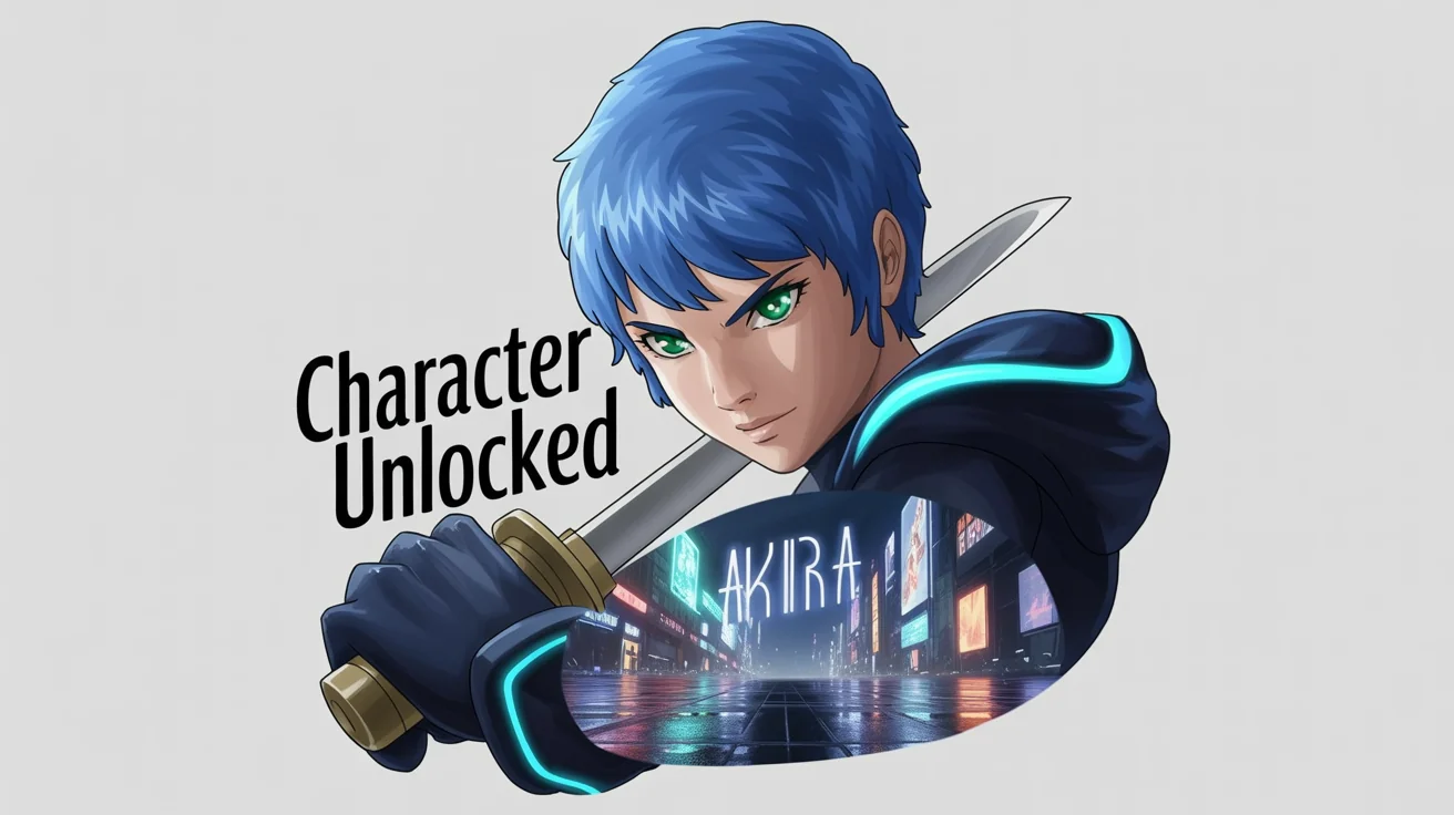 An eye-catching promotional graphic for a video game featuring a cutout anime character with blue hair placed against a futuristic neon cityscape background, with the text 'CHARACTER UNLOCKED' and 'AKIRA'.