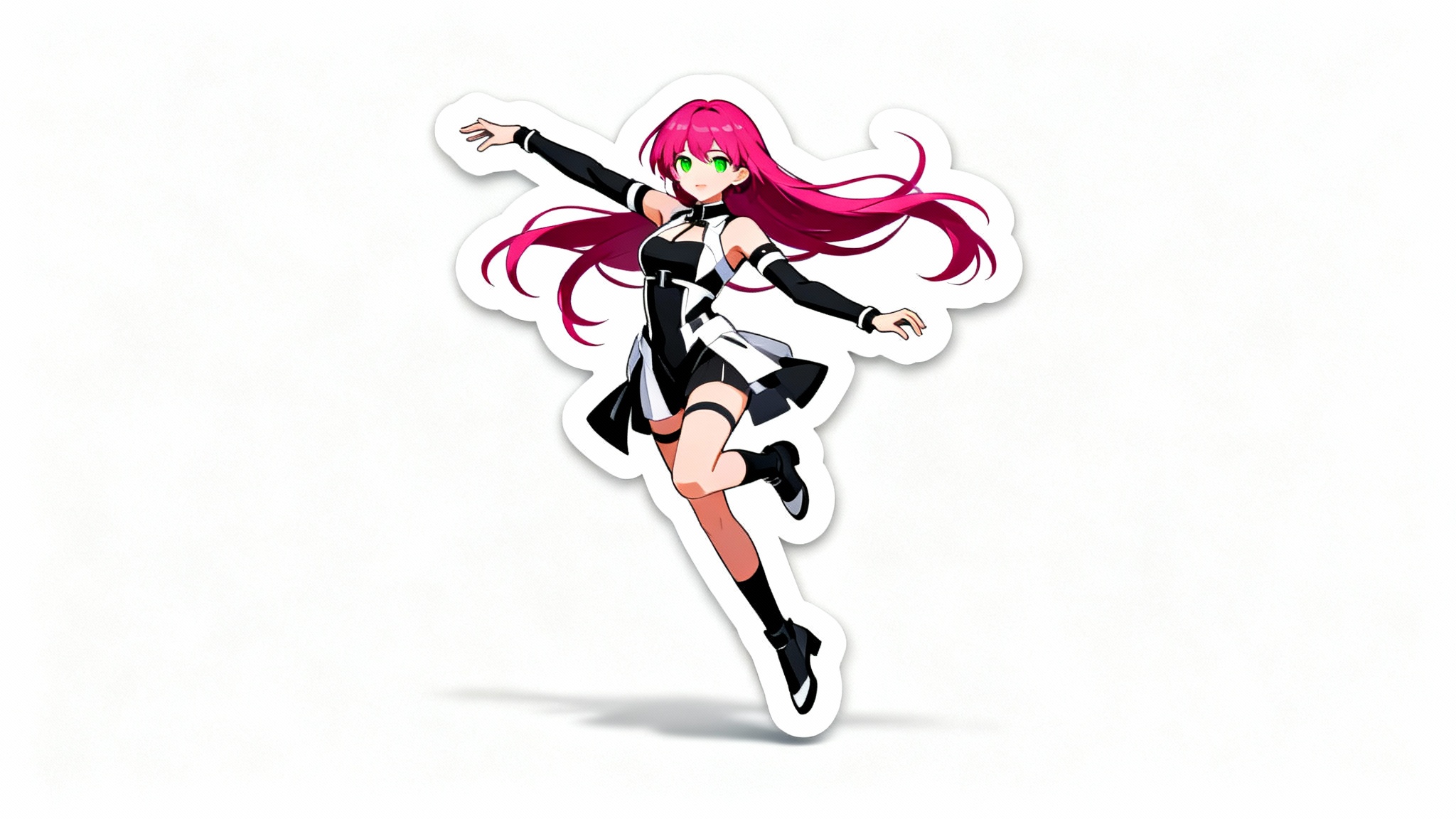 A dynamic anime character with magenta hair, rendered as a die-cut sticker with a thick white border and a subtle drop shadow, floating against a plain white background.