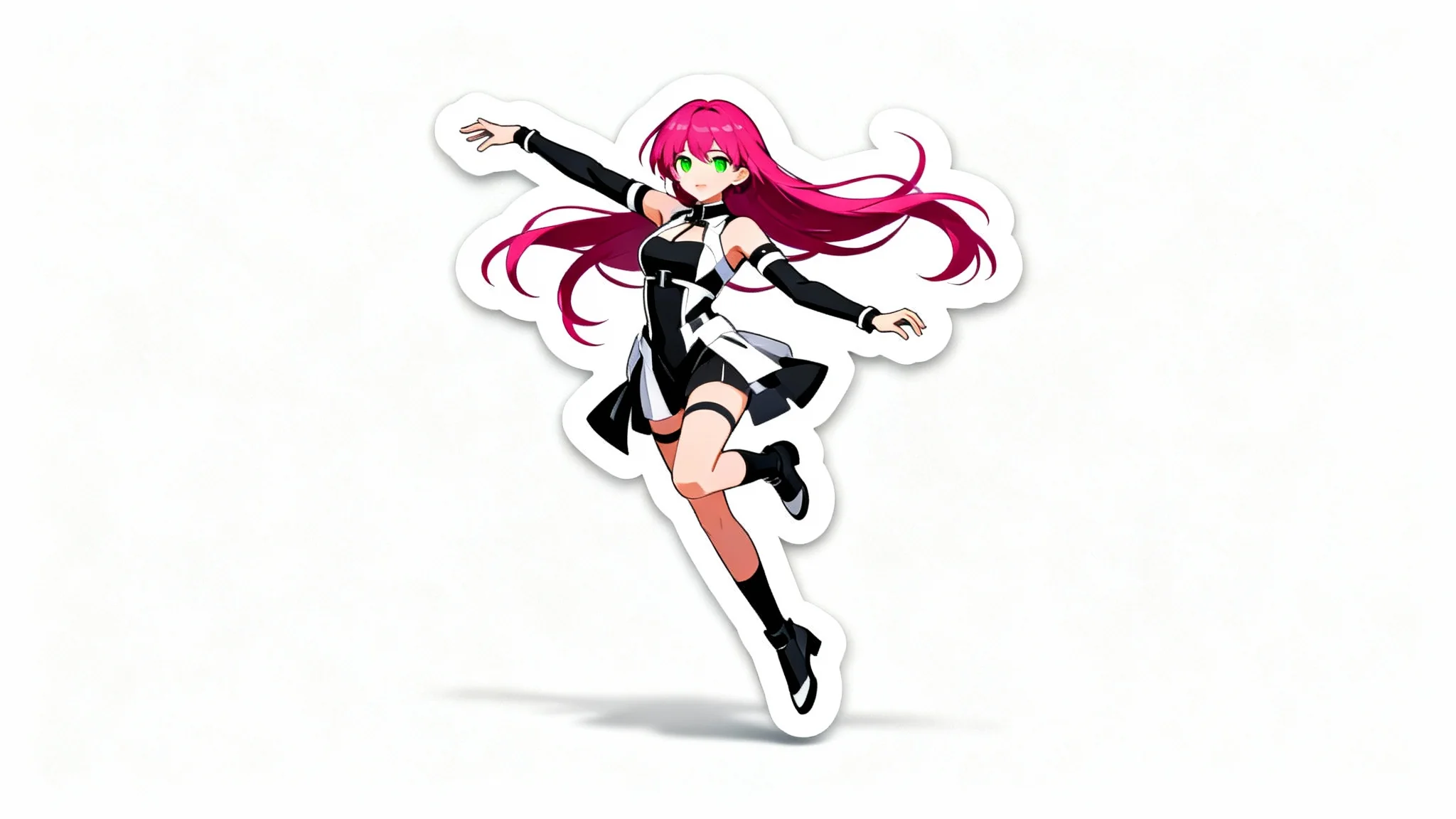 A dynamic anime character with magenta hair, rendered as a die-cut sticker with a thick white border and a subtle drop shadow, floating against a plain white background.