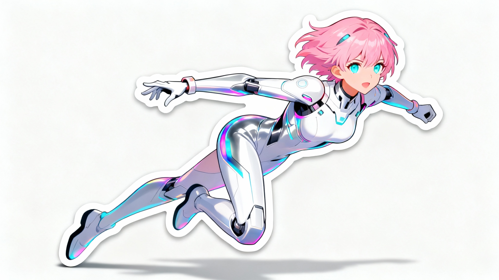 An anime-style cutout of a female character with pink hair in a futuristic suit, presented as a sticker with a white border on a clean white background.