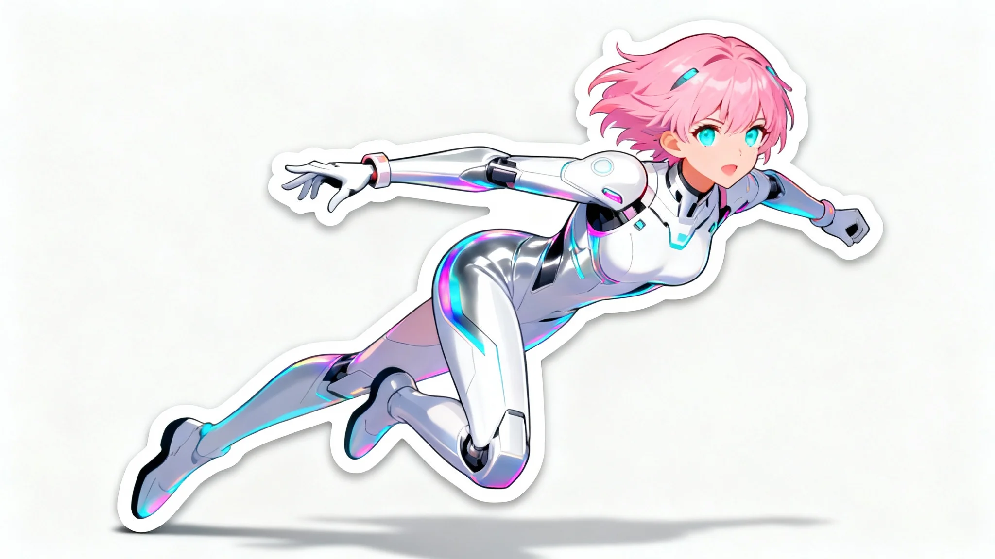 An anime-style cutout of a female character with pink hair in a futuristic suit, presented as a sticker with a white border on a clean white background.