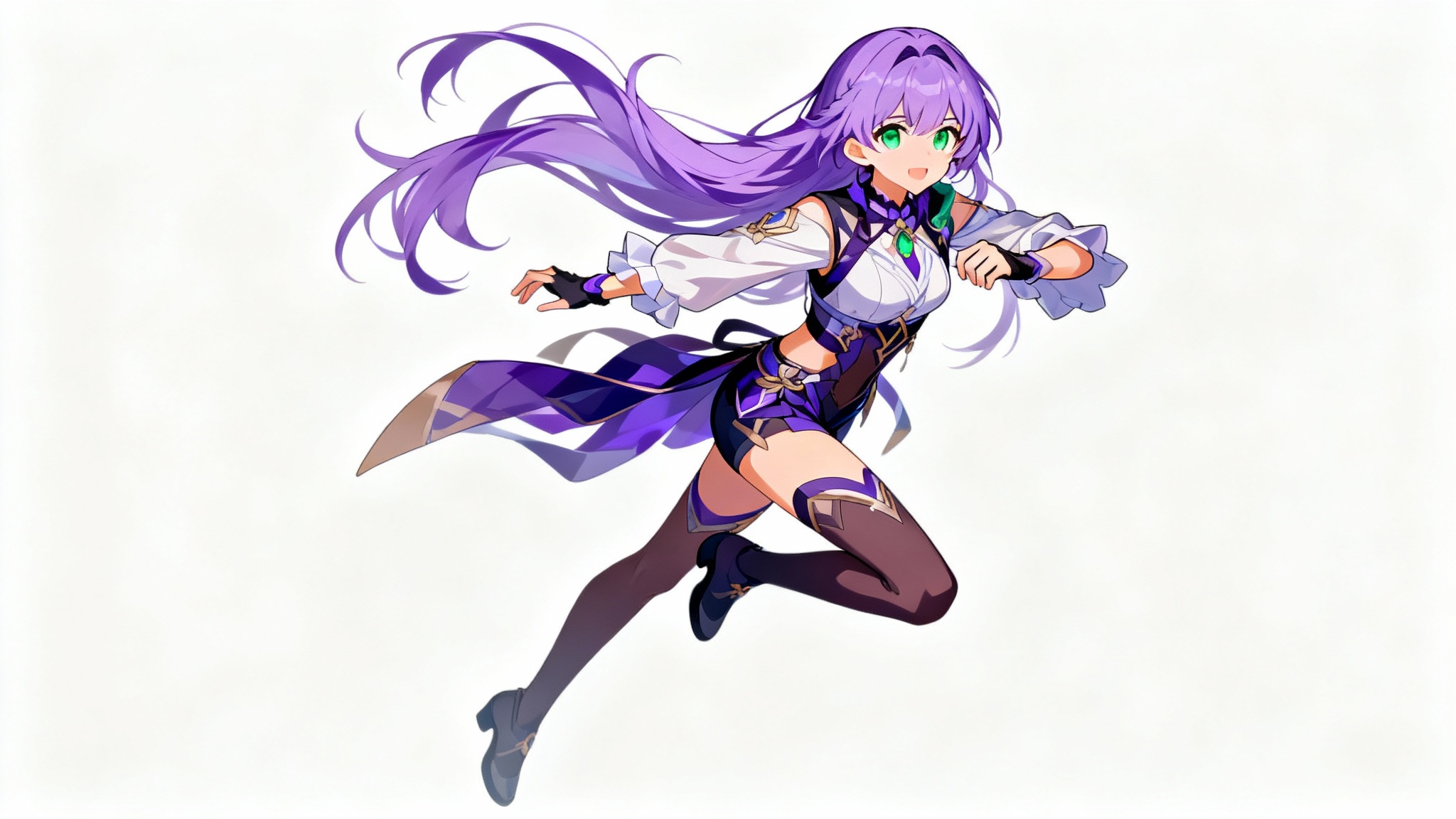 An anime cutout of a female character with lavender hair and green eyes, shown in a dynamic leaping pose against a stark white background, creating a sticker-like effect.