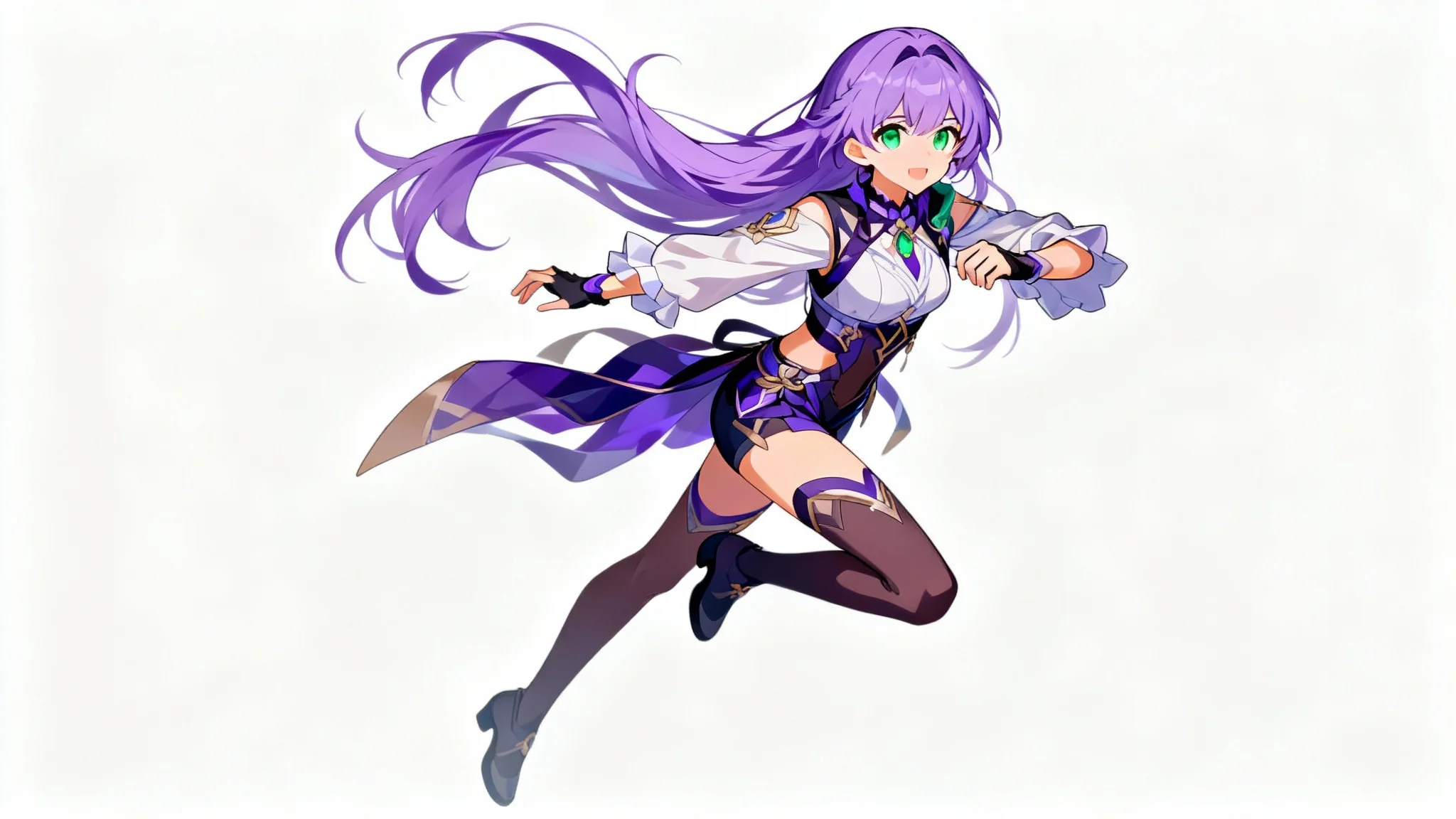 An anime cutout of a female character with lavender hair and green eyes, shown in a dynamic leaping pose against a stark white background, creating a sticker-like effect.