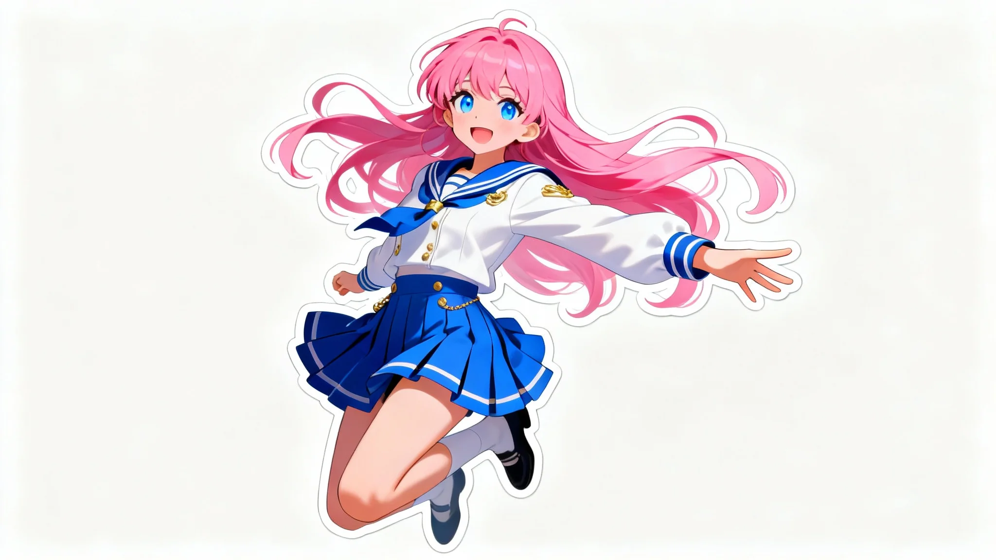 An anime-style cutout of a joyful teenage girl with pink hair, leaping in mid-air against a white background.