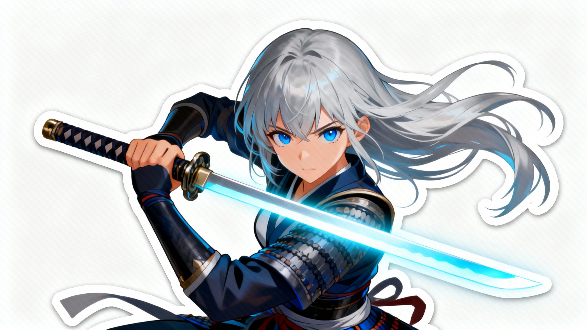 An anime female samurai with silver hair and a glowing sword is captured mid-pose, perfectly cut out with a white outline against a plain white background, illustrating a clean digital cutout.