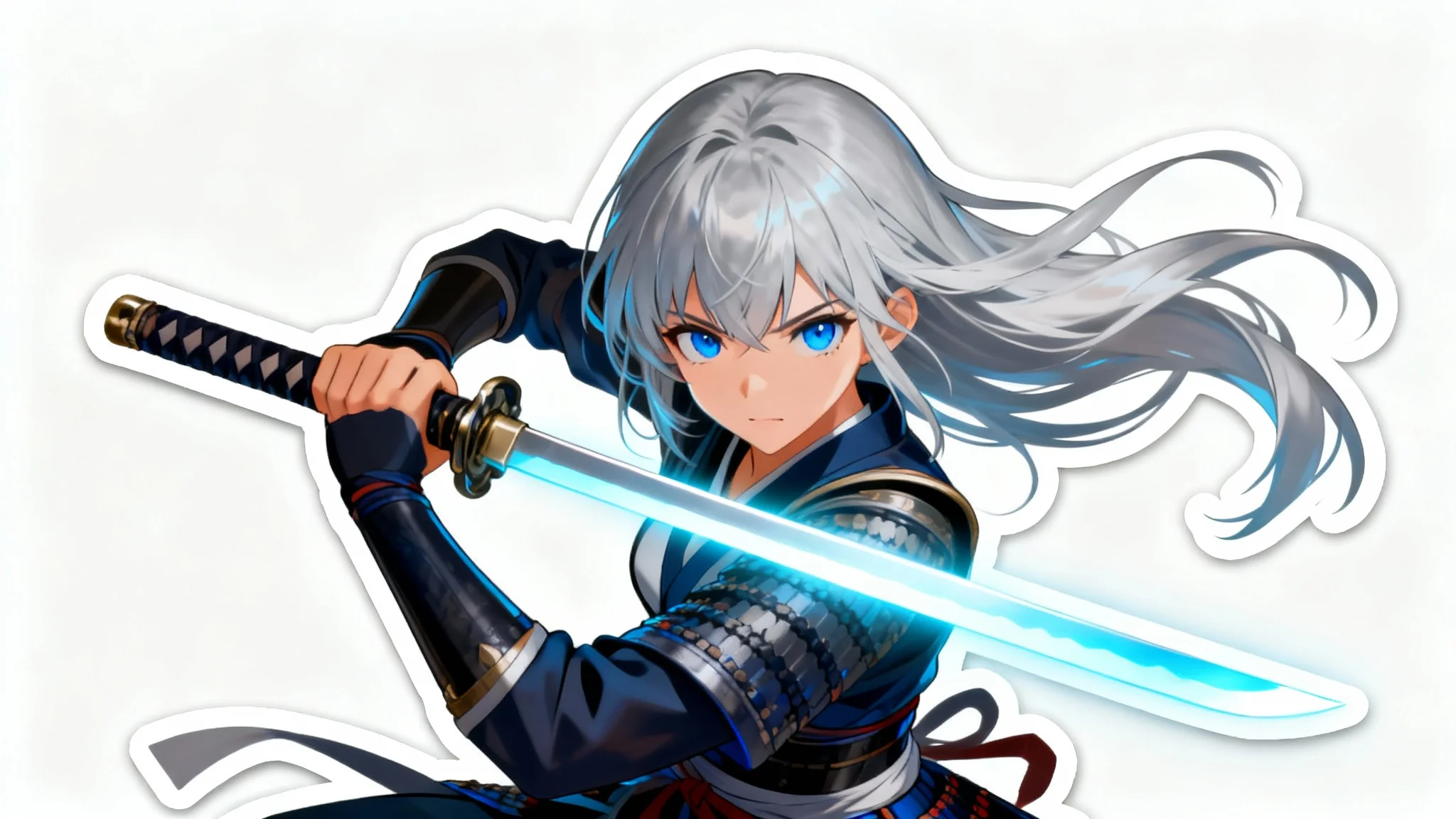 An anime female samurai with silver hair and a glowing sword is captured mid-pose, perfectly cut out with a white outline against a plain white background, illustrating a clean digital cutout.