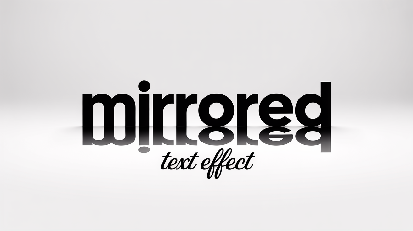 A hero image showcasing a graphic design with mirrored text. The main word 'MIRRORED' is in large, bold, black mirrored letters on a white background, with 'TEXT EFFECT' mirrored below it in smaller text.