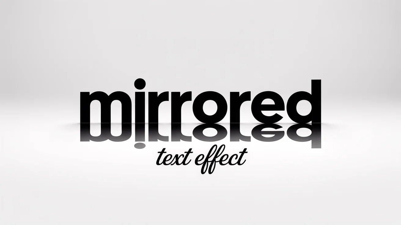 A hero image showcasing a graphic design with mirrored text. The main word 'MIRRORED' is in large, bold, black mirrored letters on a white background, with 'TEXT EFFECT' mirrored below it in smaller text.