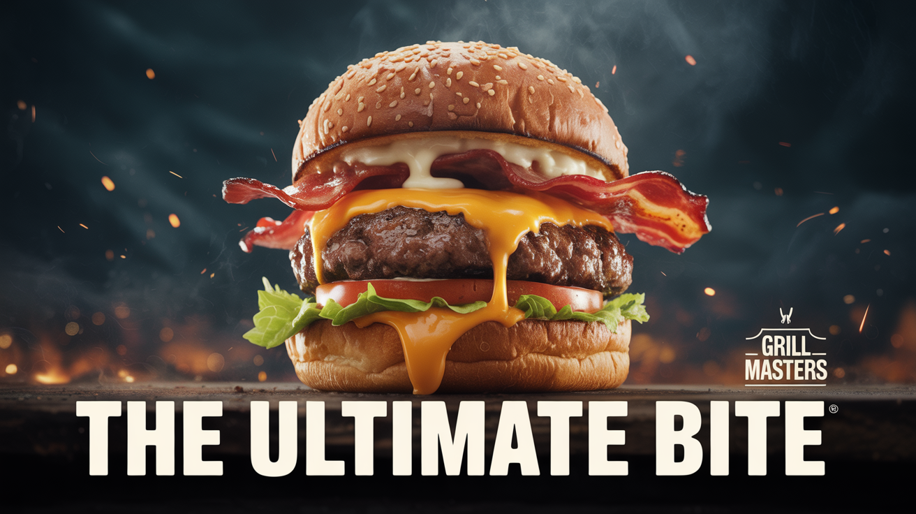 A cinematic still from a burger commercial, featuring an epic close-up of a gourmet cheeseburger against a dark, moody background. Text at the bottom reads 'THE ULTIMATE BITE'.