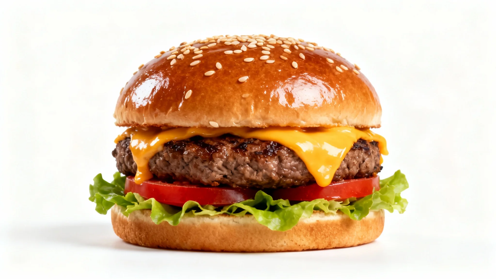 An epic, mouth-watering gourmet cheeseburger with melting cheese and fresh toppings, shot in a commercial style against a plain white background.