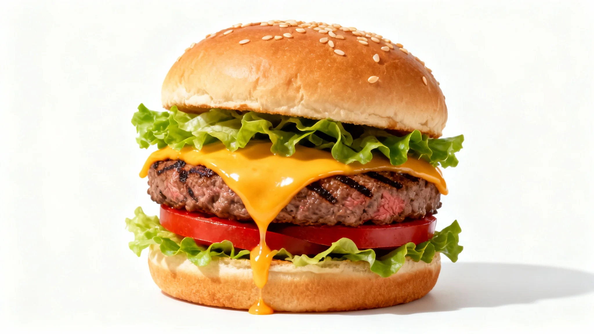 A hyper-realistic studio photograph of a gourmet cheeseburger on a white background. The burger is shown from the side, revealing a thick juicy patty, melted cheese, lettuce, and tomato on a sesame seed brioche bun.