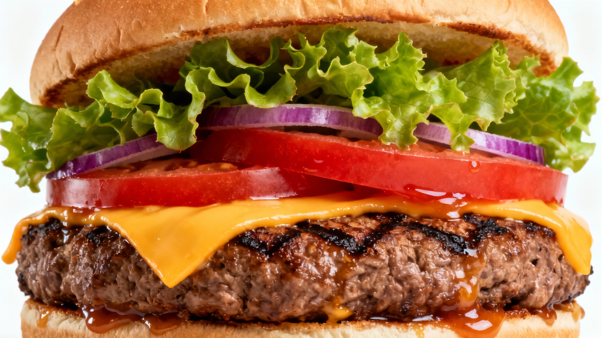 A stunning, hyper-realistic close-up of a gourmet cheeseburger with a juicy patty, melted cheese, and fresh toppings, shot in a commercial style against a plain white background.