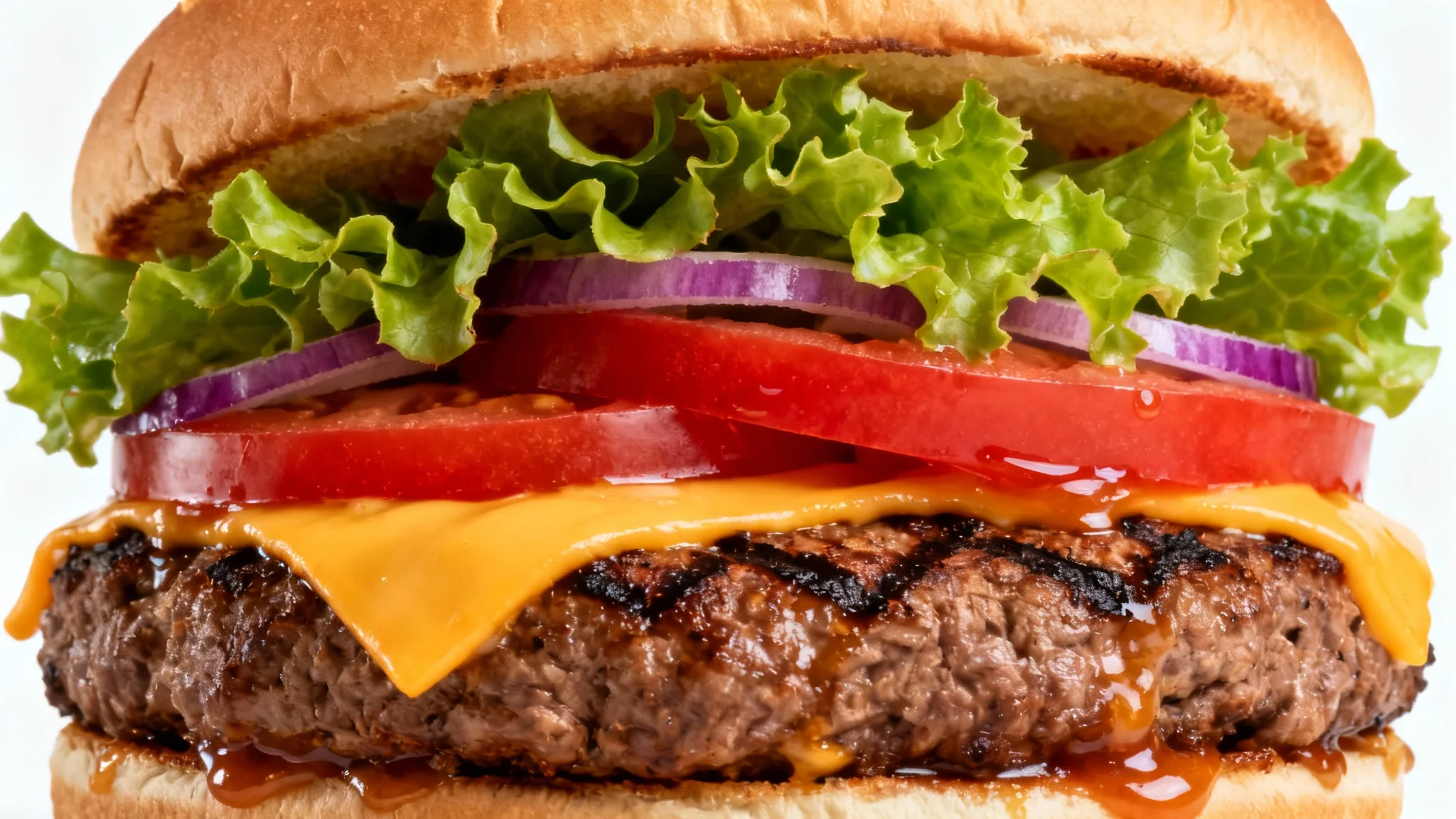 A stunning, hyper-realistic close-up of a gourmet cheeseburger with a juicy patty, melted cheese, and fresh toppings, shot in a commercial style against a plain white background.