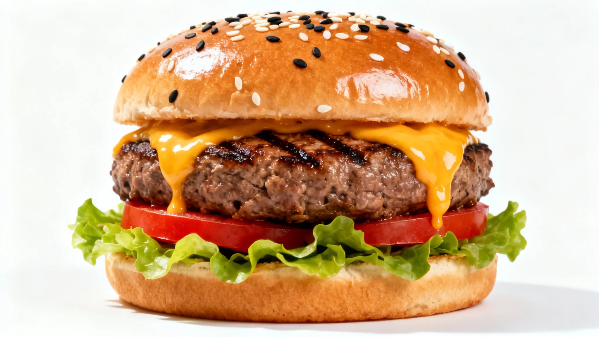 A close-up, hero shot of a delicious gourmet cheeseburger with fresh lettuce and tomato on a brioche bun, set against a clean white background in a commercial photography style.