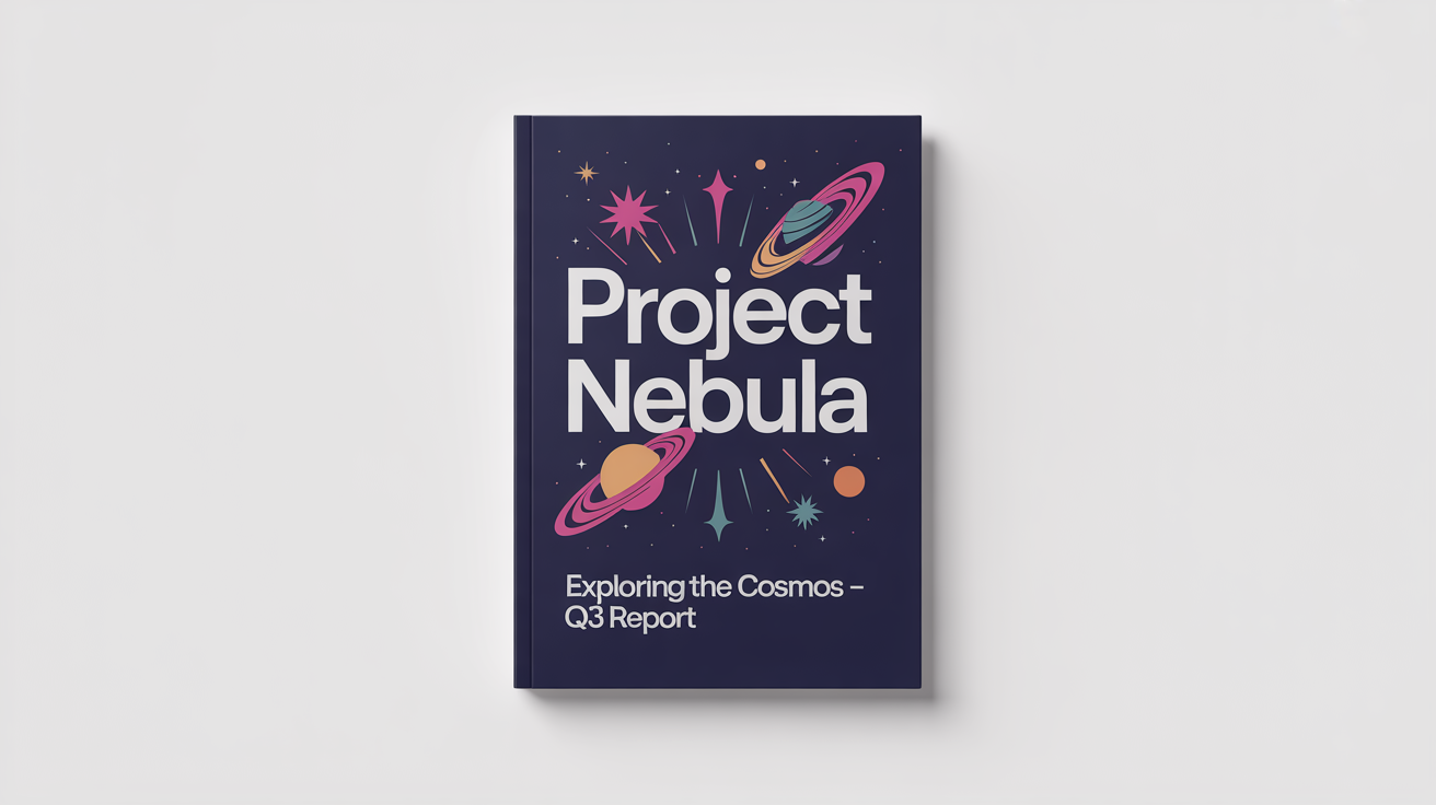 A professionally designed digital project cover page titled 'PROJECT NEBULA', featuring a space theme with colorful vector illustrations of stars and planets on a navy blue background.