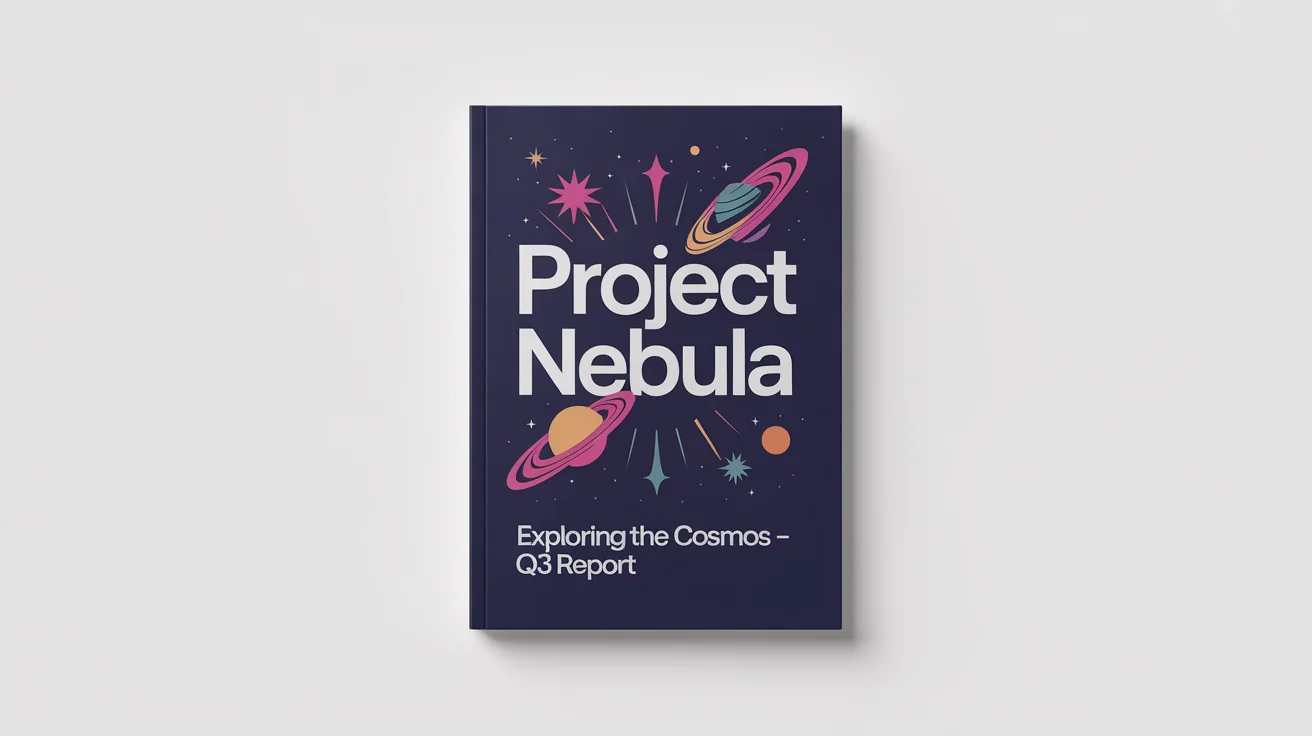 A professionally designed digital project cover page titled 'PROJECT NEBULA', featuring a space theme with colorful vector illustrations of stars and planets on a navy blue background.