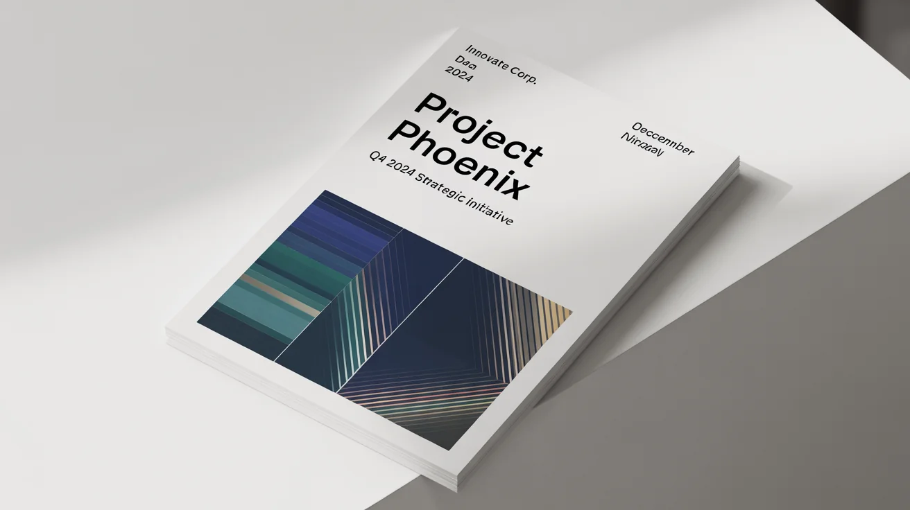 A professionally designed project cover page mockup titled 'Project Phoenix' for 'Innovate Corp.', featuring a modern geometric design in blue and gold, set against a clean white background.