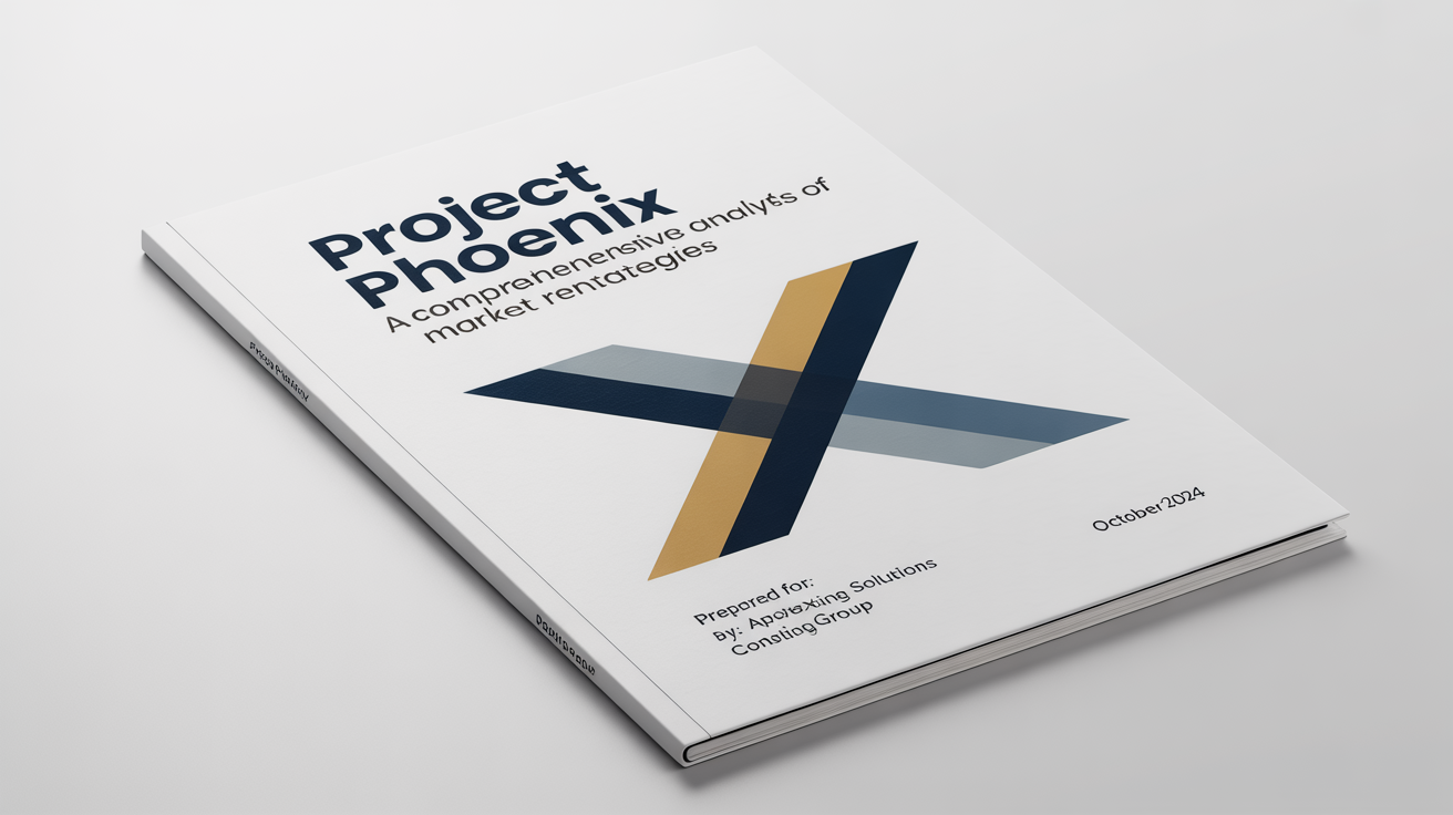 A professional mockup of a project cover page titled 'Project Phoenix' featuring a modern geometric design in navy blue and gold, set against a clean white background.