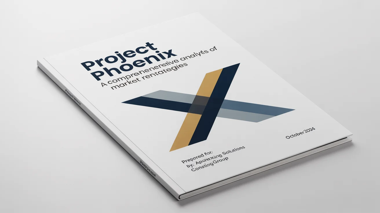 A professional mockup of a project cover page titled 'Project Phoenix' featuring a modern geometric design in navy blue and gold, set against a clean white background.