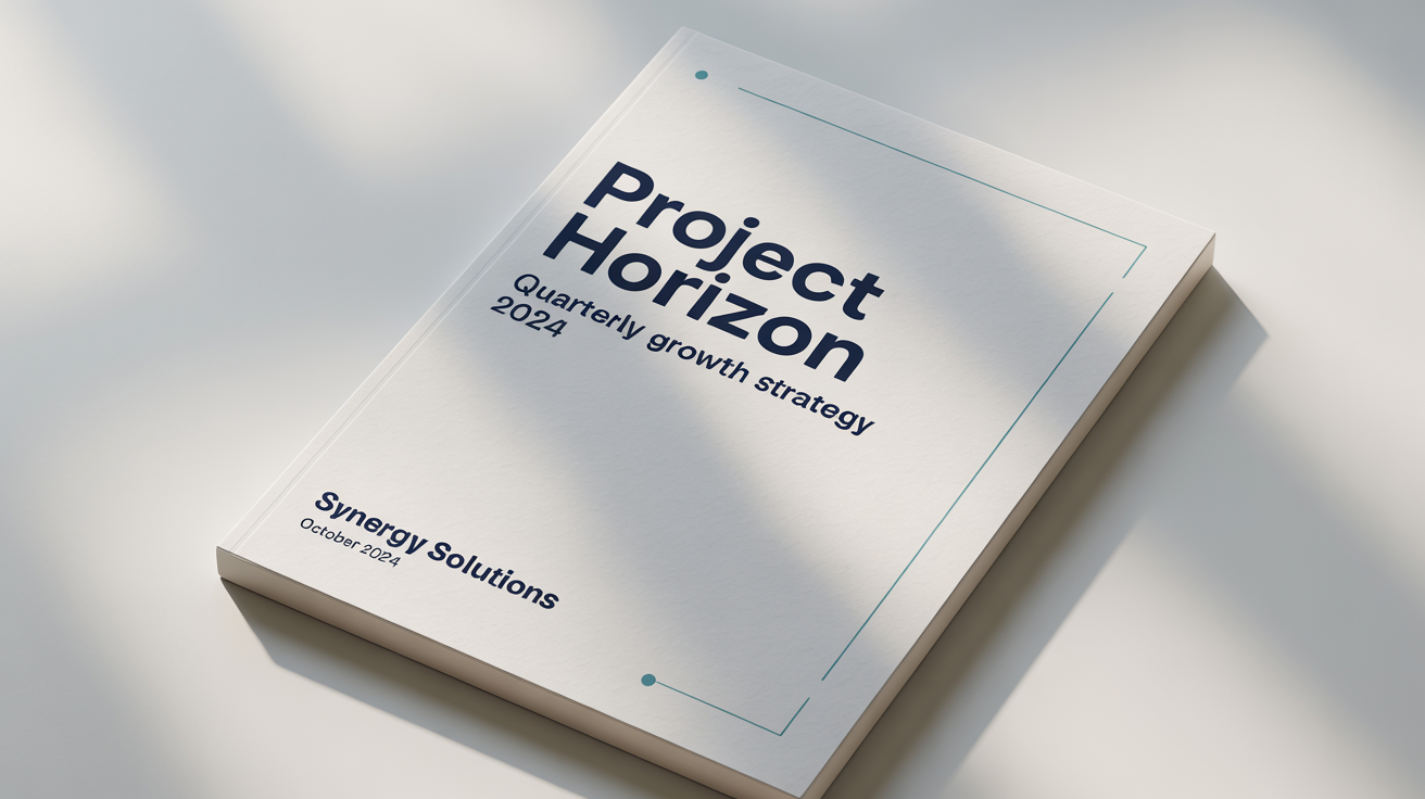A professionally designed project cover page for 'Project Horizon: Quarterly Growth Strategy 2024' by 'Synergy Solutions', featuring a modern blue and gray geometric design on a white background.