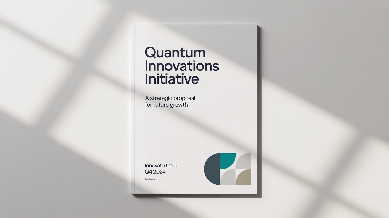 A mockup of a modern and professional project cover page titled 'Quantum Innovations Initiative' with abstract geometric designs in blue and gray, set against a clean white background.