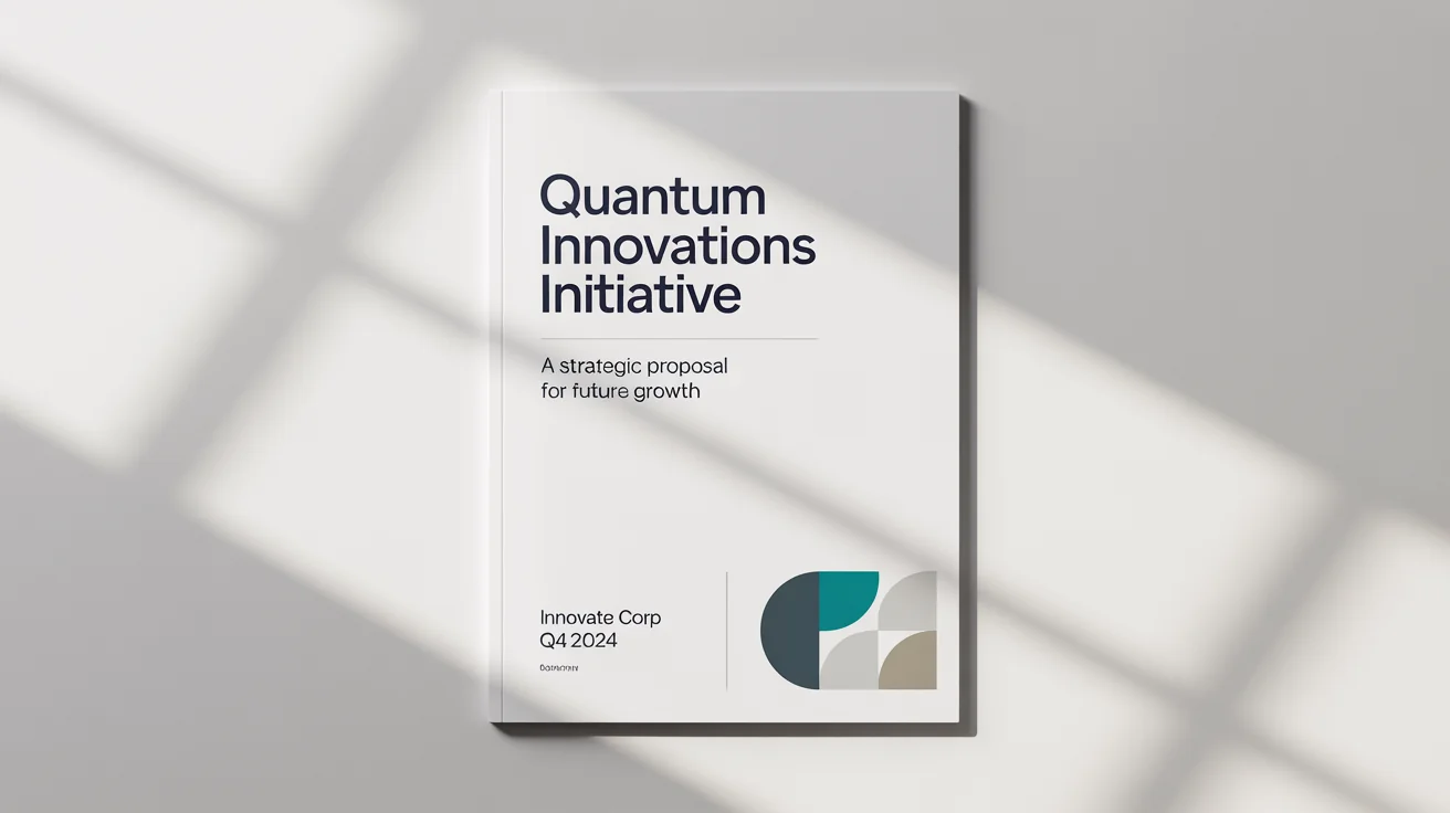 A mockup of a modern and professional project cover page titled 'Quantum Innovations Initiative' with abstract geometric designs in blue and gray, set against a clean white background.