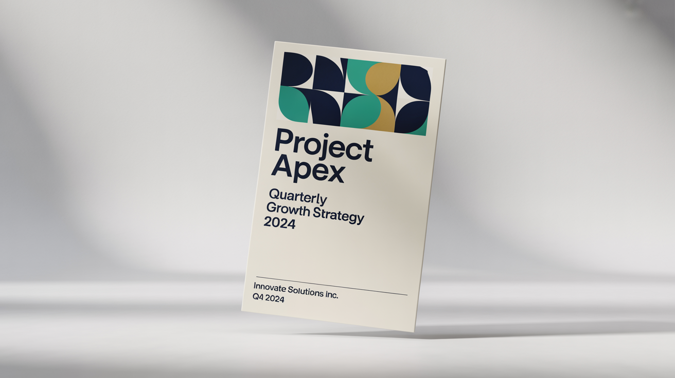 A professionally designed project cover page mockup titled 'Project Apex' by 'Innovate Solutions Inc.', featuring a modern geometric design in blue and gold on a white background.