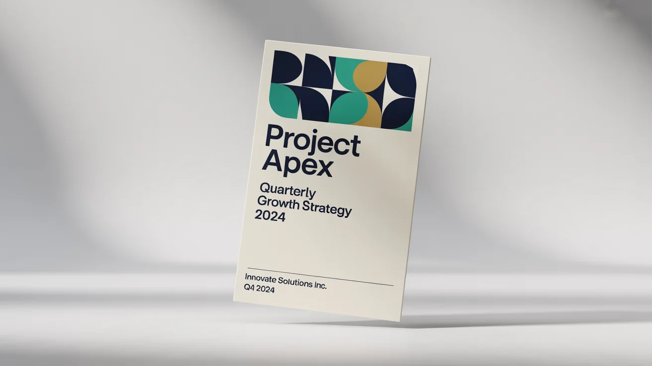 A professionally designed project cover page mockup titled 'Project Apex' by 'Innovate Solutions Inc.', featuring a modern geometric design in blue and gold on a white background.