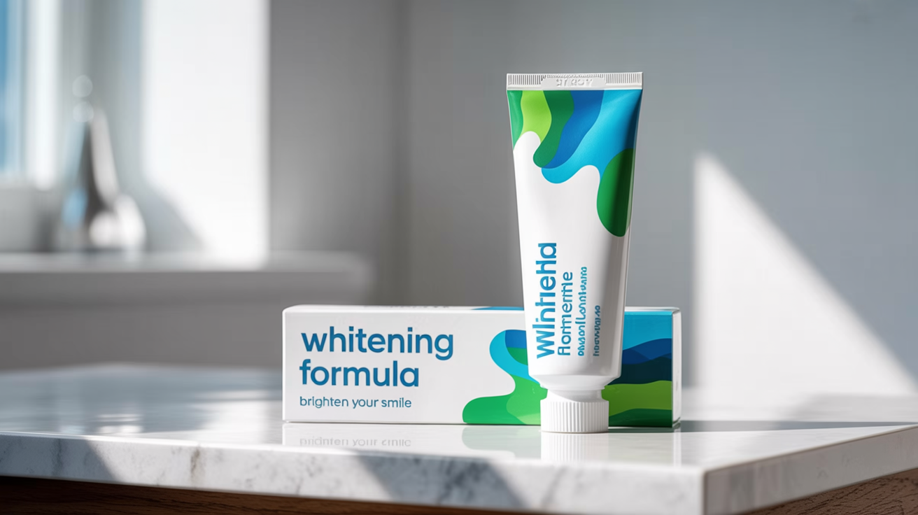 A professional product mockup of a modern toothpaste set against a clean background. A white toothpaste tube and its box feature blue and green designs, with the text 'Whitening Formula' and 'Brighten Your Smile' clearly visible.