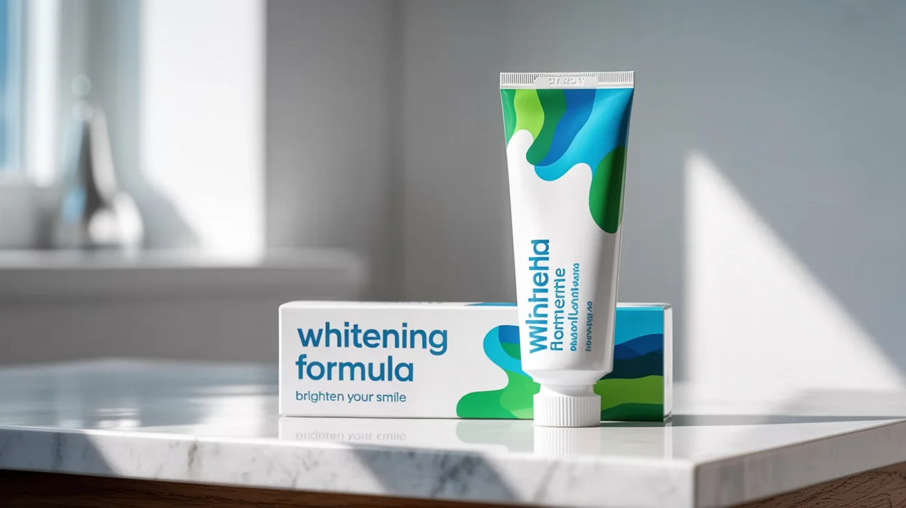 A professional product mockup of a modern toothpaste set against a clean background. A white toothpaste tube and its box feature blue and green designs, with the text 'Whitening Formula' and 'Brighten Your Smile' clearly visible.
