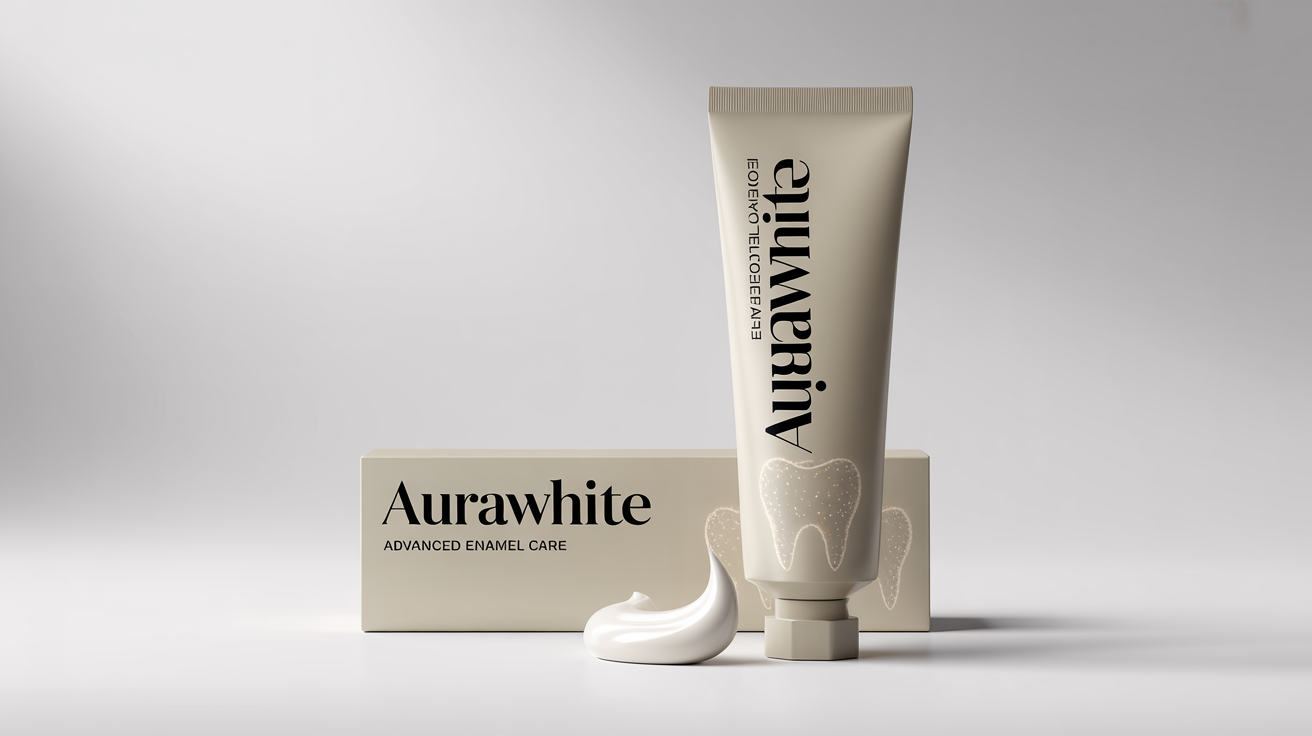 A professional product mockup of a modern toothpaste tube and box. The packaging is designed in teal and white with the fictional brand name 'AuraWhite' and 'Advanced Enamel Care' written on it, set against a clean white background.