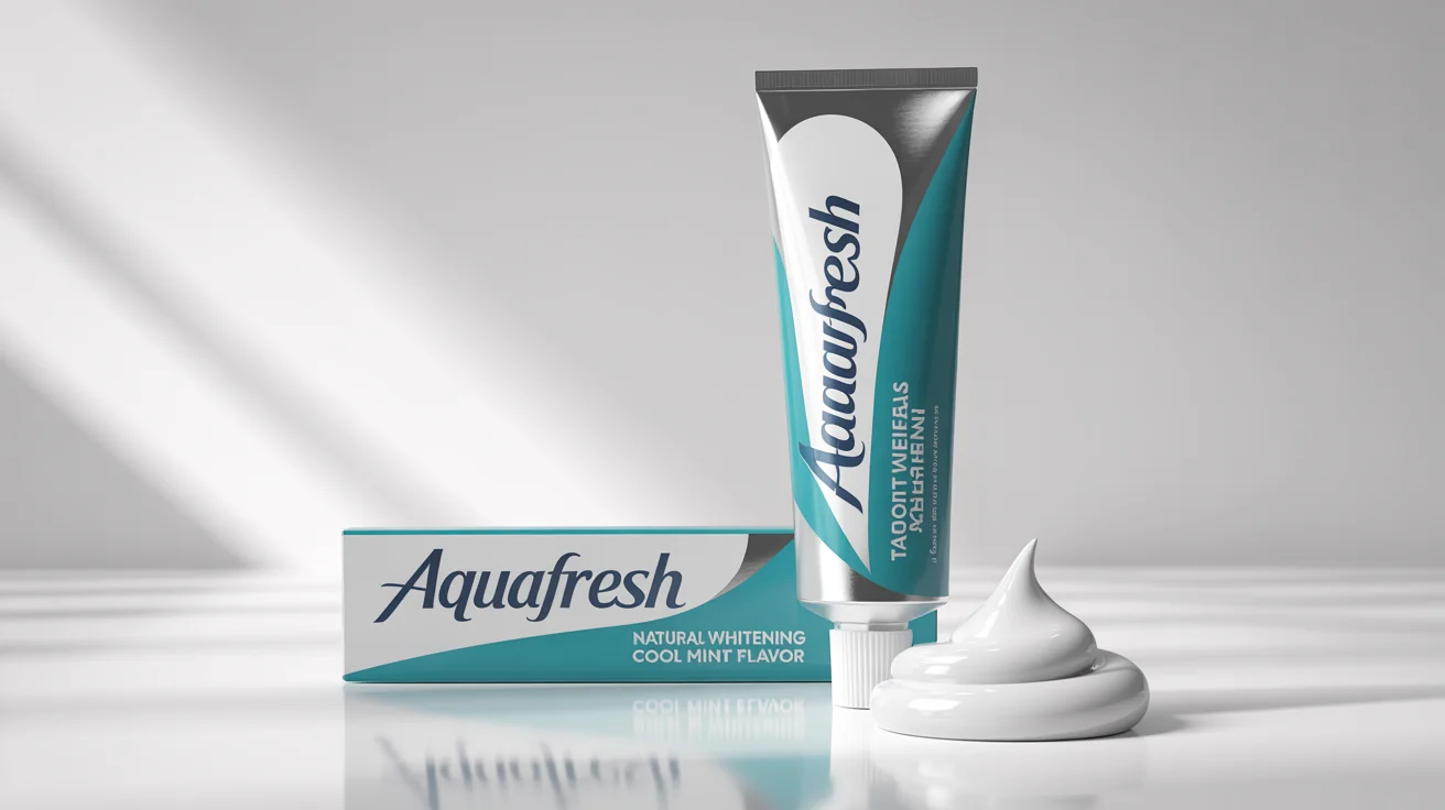 A professional product mockup of 'AquaFresh' Natural Whitening toothpaste, showing a modern tube and box with a teal and silver design against a plain white background.