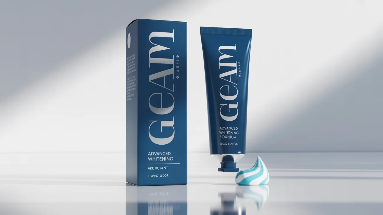A professional product mockup of a toothpaste box and tube branded 'Gleam', featuring a navy blue and white design, set against a plain white background.
