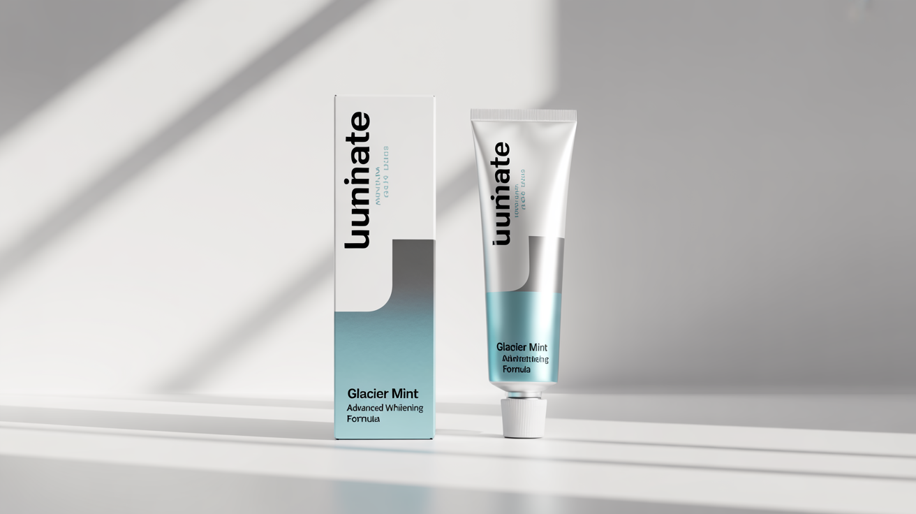 A photorealistic mockup of a modern toothpaste tube and box with the brand name 'LUMINATE' and flavor 'Glacier Mint', set against a clean white background.