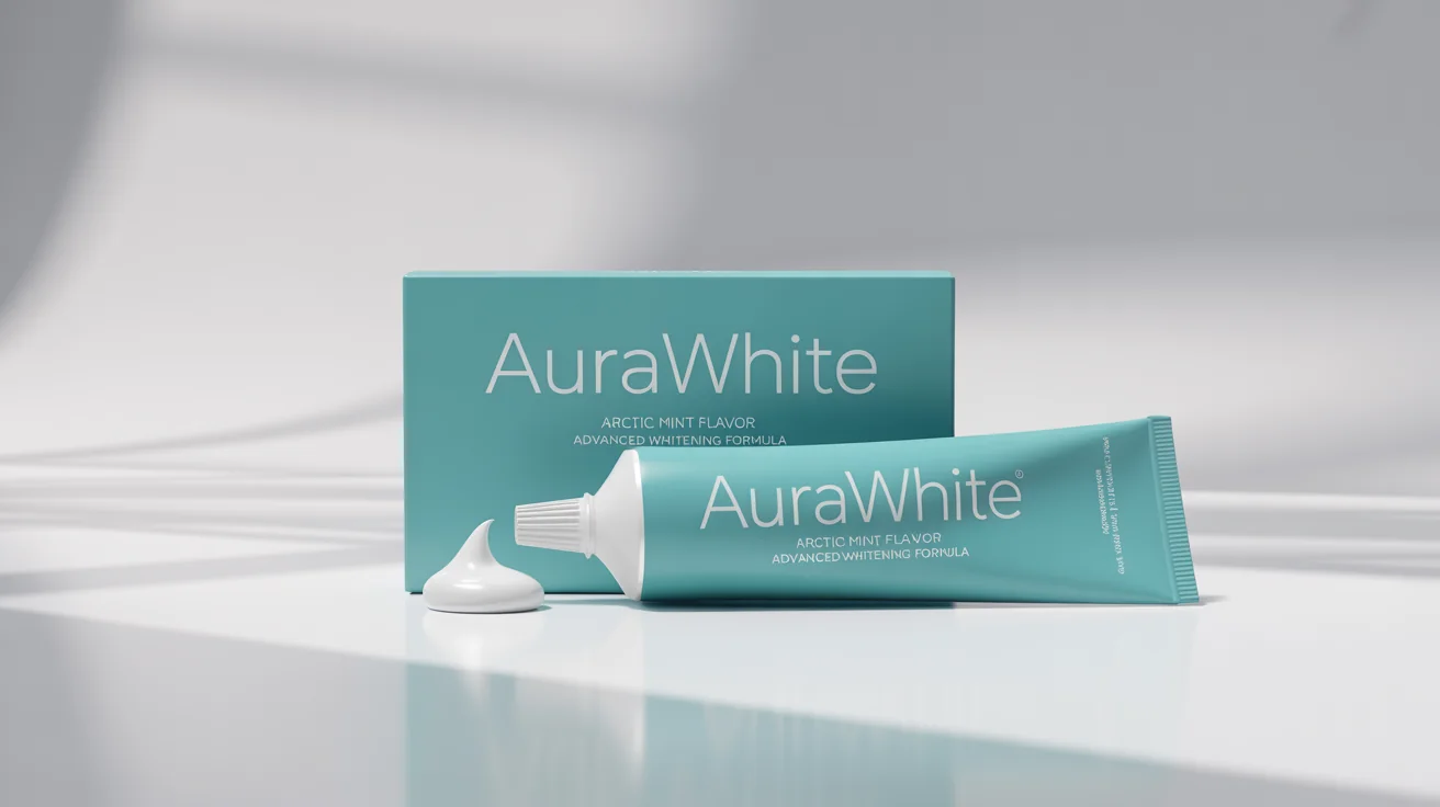 A photorealistic mockup of a modern toothpaste box and tube. The brand is 'AURAWHITE' and the flavor is 'Arctic Mint Flavor', set against a clean white background.