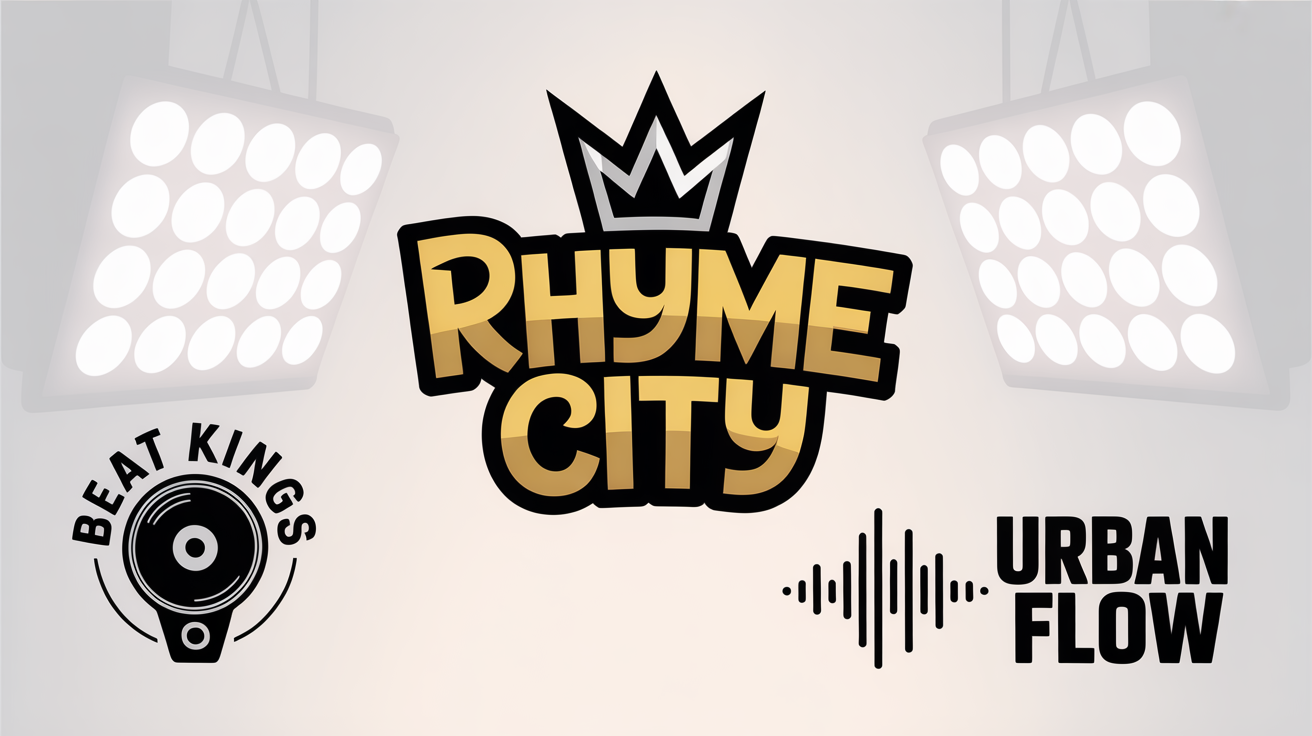 An eye-catching hero image displaying three different hip hop logos. In the center, a gold and black logo for 'RHYME CITY'. On the sides are logos for 'BEAT KINGS' and 'URBAN FLOW', demonstrating creative logo design options.
