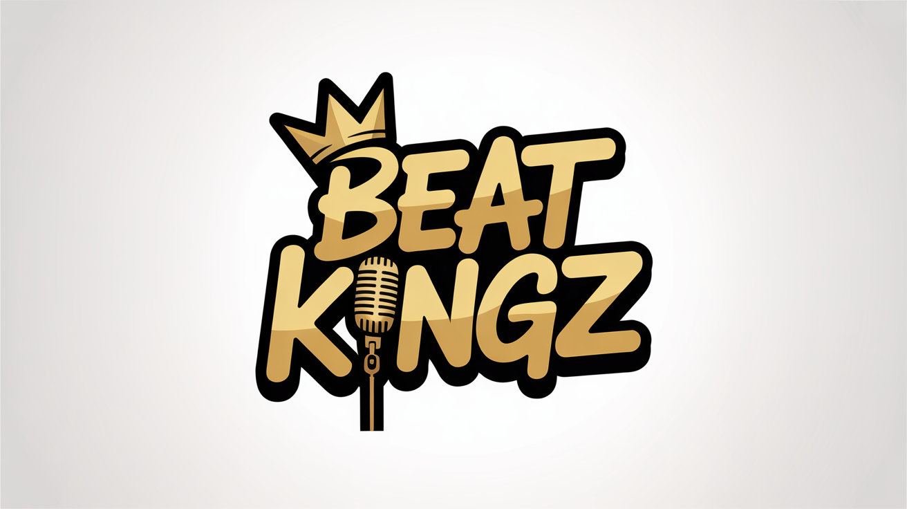 A hip hop logo mockup for 'BEAT KINGZ' in a gold and black graffiti style, featuring a crown and a microphone, set against a plain white background.