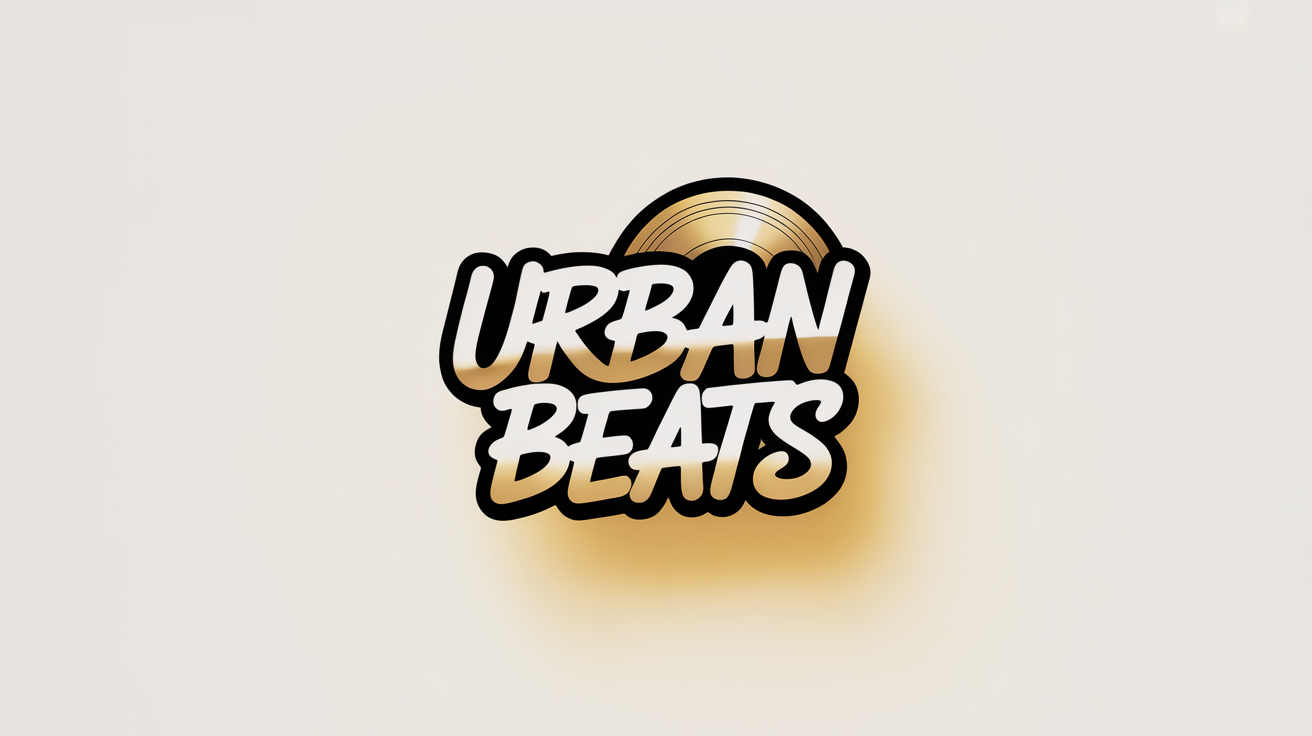 A professional hip hop logo mockup for 'Urban Beats' in a gold and black graffiti style, featuring a vinyl record integrated into the text, on a plain white background.