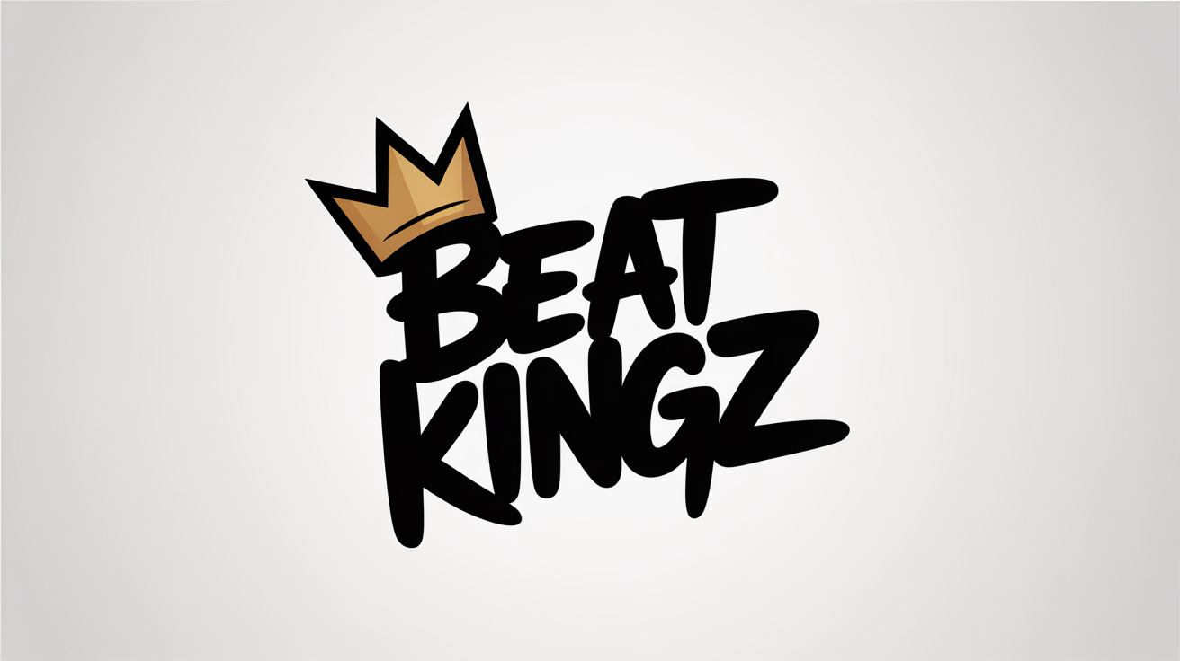 A modern hip hop logo with the words 'BEAT KINGZ' in a bold black graffiti font, with a gold crown on the 'K', set against a clean white background.