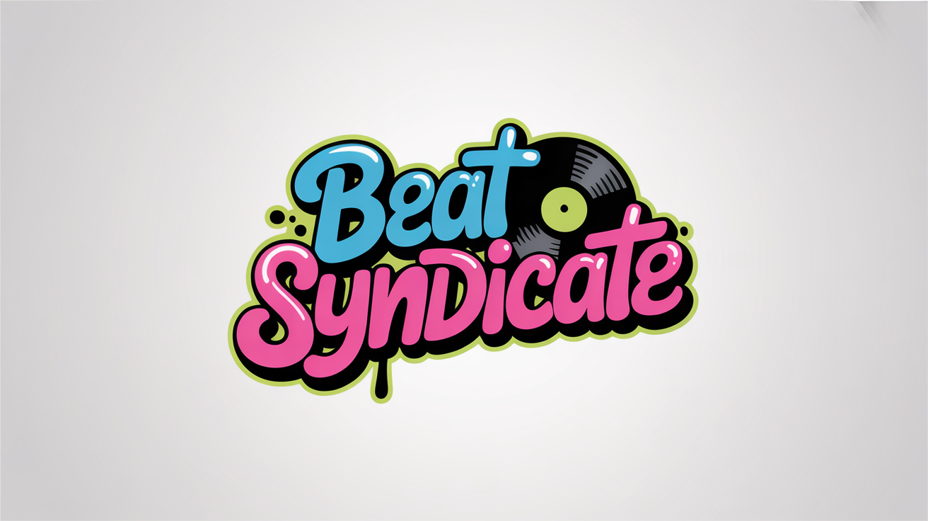 A vibrant hip hop logo mockup for 'Beat Syndicate' in a graffiti style, featuring a vinyl record and paint splatters, on a crisp white background.